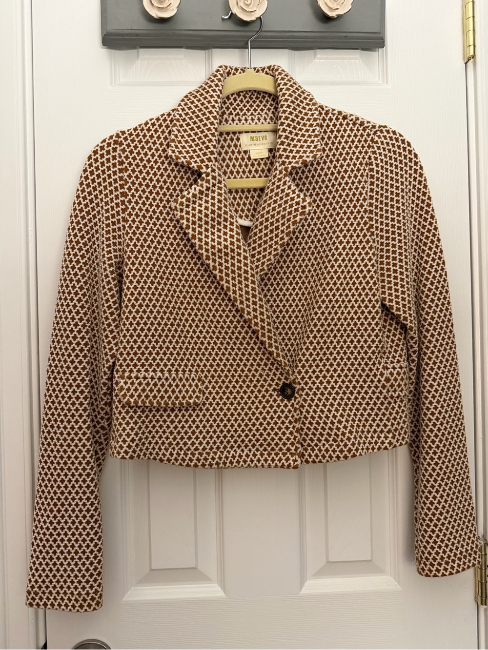 Anthropologie Brown and Cream Cropped Patterned Blazer